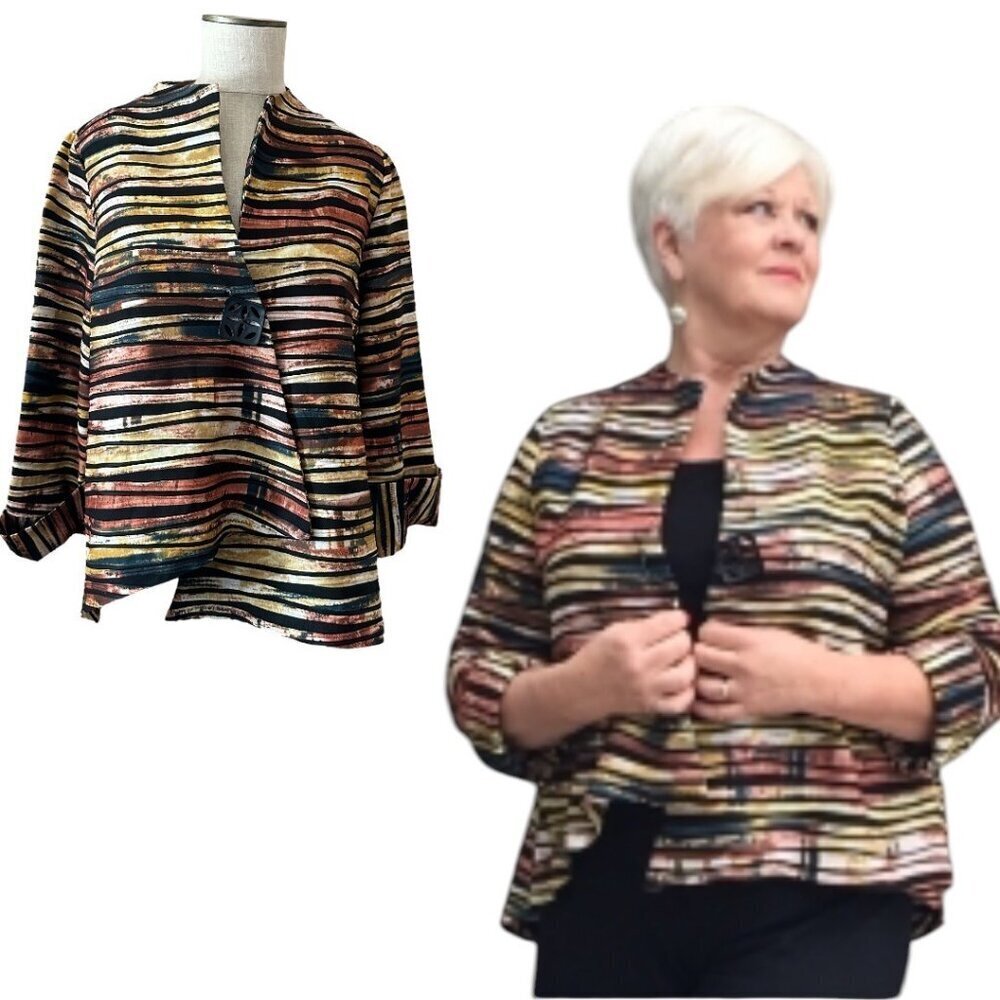 IC by Connie K Stripe Asymmetrical Jacket Womens Size L Art to Wear Lagenlook